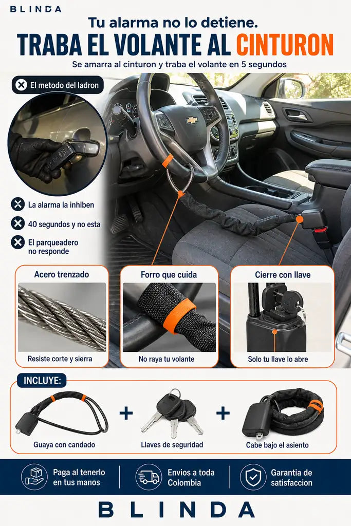 Bloqueo de Volante con Guaya de Acero - Asegura tu Carro en 5 Segundos - Hoy 31% Off