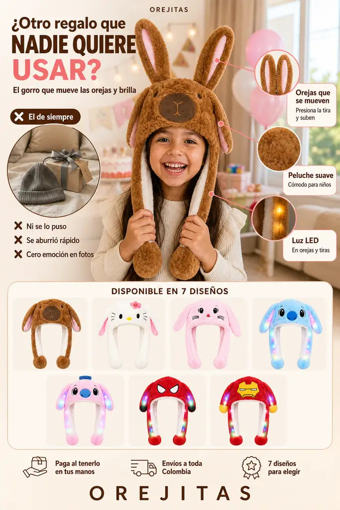 Gorro Orejitas con Orejas Móviles y Luz LED - Regalo Que Encanta - Oferta Especial