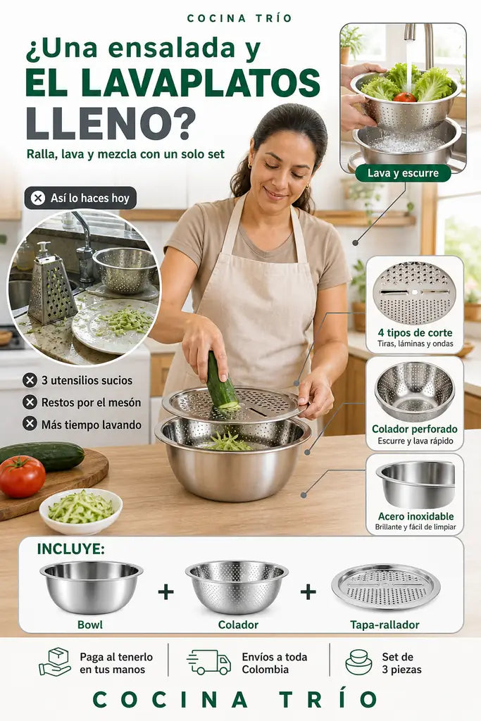 Set 3 En 1 Bowl, Colador Y Rallador - Acero Inoxidable - Lleva 2 Y Ahorra