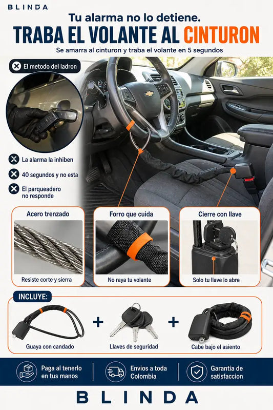 Bloqueo de Volante con Guaya de Acero - Asegura tu Carro en 5 Segundos - Hoy 31% Off