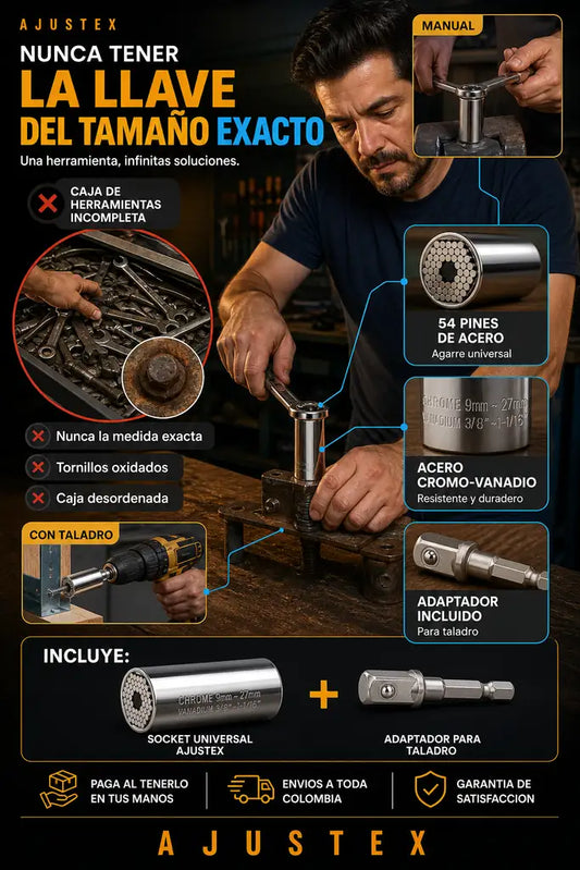 Ajustex Llave de Trinquete Universal - Se Ajusta Sola a Cualquier Tornillo - Precio Especial Hoy