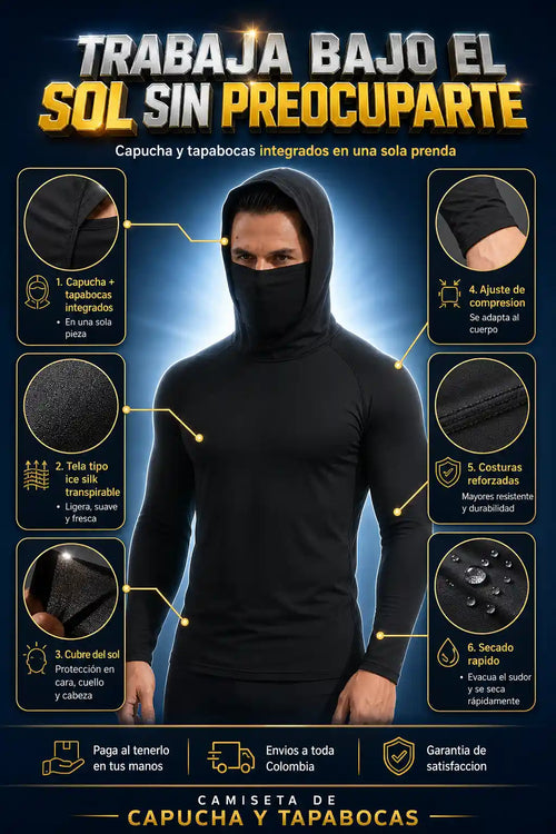 Camiseta de Capucha y Tapabocas - Trabaja Bajo el Sol Sin Preocuparte - Descuento Especial Hoy