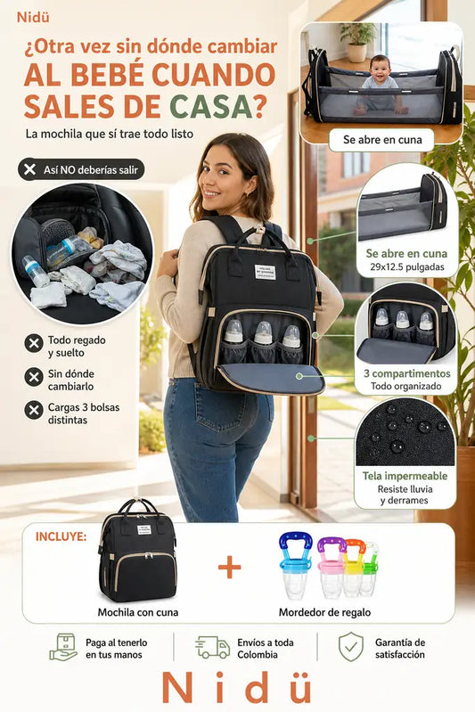 Nidü - Mochila Pañalera con Cuna Portátil - Incluye Mordedor de Regalo