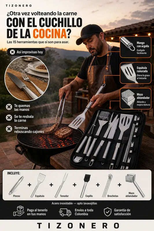 Tizonero - Kit Parrillero 15 Piezas de Acero Inoxidable - HOY 30% OFF