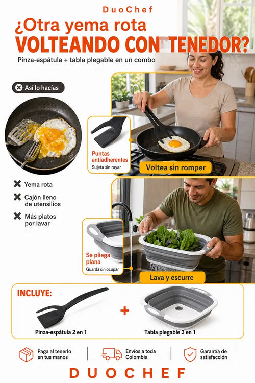 Pinza Espátula 2 en 1 + Tabla Plegable 3 en 1 - Cocina Práctica y Ordenada - Oferta Especial