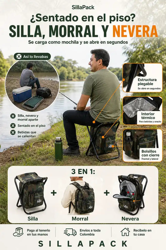 Silla Morral Camping Camuflada - Silla, Morral y Nevera en Uno - 30% Descuento