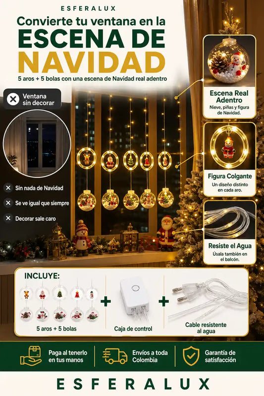 Cortina de Luces Navideña con Bolas y Aros - Decoración Que Encanta - Pocas Unidades