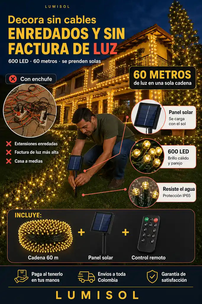 Luces Navidenas Panel Solar 600 LED - Sin Cables ni Enchufes - 30% de Descuento