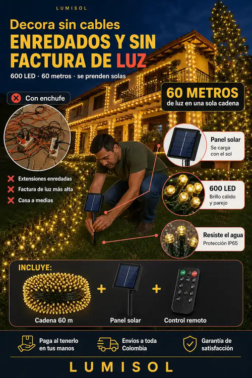 Luces Navidenas Panel Solar 600 LED - Sin Cables ni Enchufes - 30% de Descuento