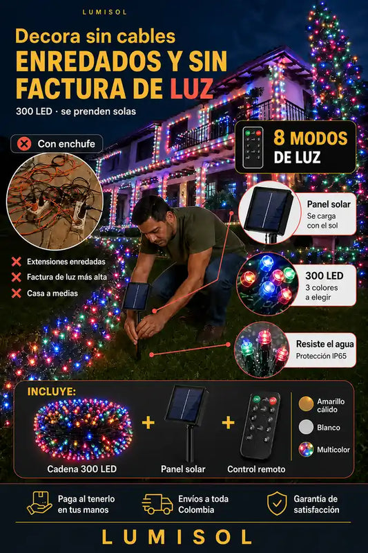 Luces Navidad Panel Solar 300 LED - Sin Cables ni Enchufes - Oferta de Navidad